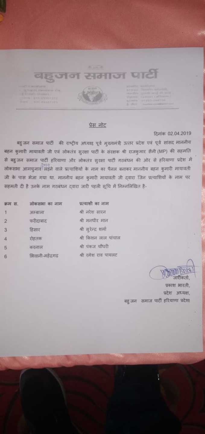 हरियाणा में बहुजन समाज पार्टी (बीएसपी) और लोकतंत्र सुरक्षा पार्टी के गठबंधन के प्रत्याशियों की पहली सूची जारी कर दी गई है। अम्बाला से नरेश सारन और रोहतक से किशन लाल पांचाल को प्रत्याशी बनाया गया।