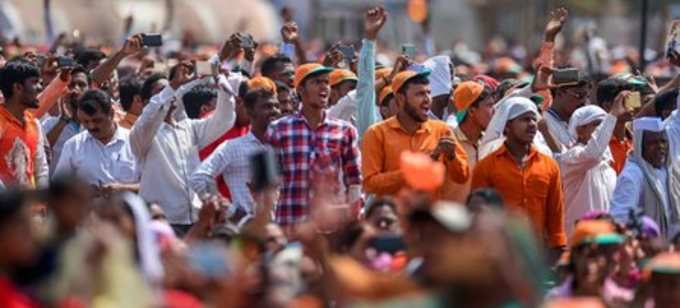 Solapur: BJP supporters during an election rally of Prime Minister Narendra Modi...