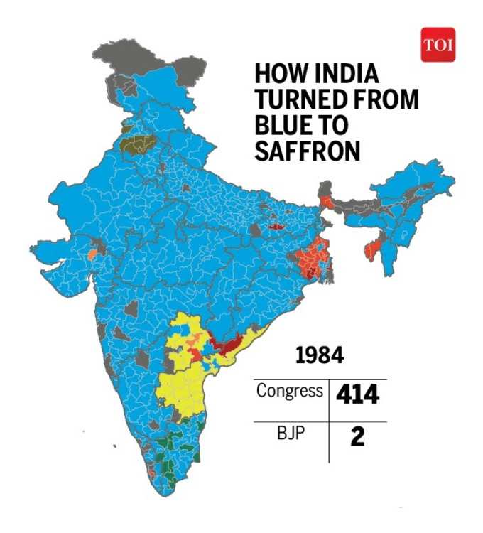 ಭಾರತದ ನಕ್ಷೆಗೆ ಕೇಸರಿ ಬಣ್ಣ: 2ರಿಂದ 303ಕ್ಕೇರಿದ ಬಿಜೆಪಿ