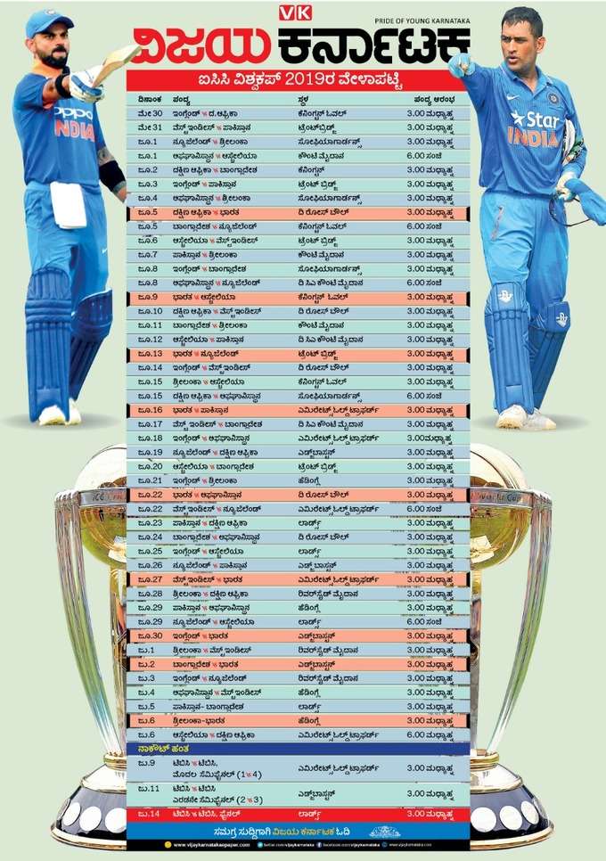 ವಿಶ್ವಕಪ್‌ 2019 ವೇಳಾಪಟ್ಟಿ