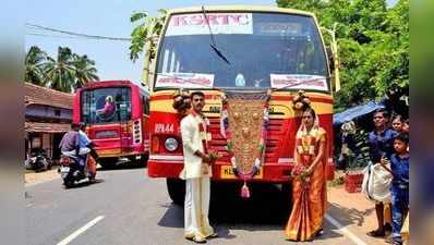 அரசுப் பேருந்தை அலங்கரித்து நகர் உலா வந்த புதுமணத் தம்பதி