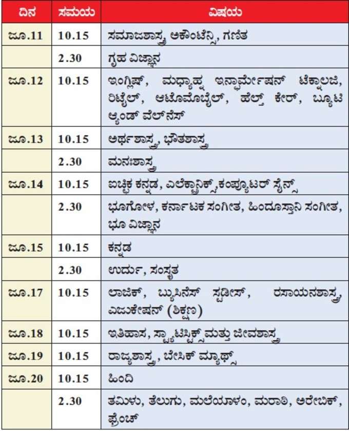 ಪಿಯುಸಿ ಪೂರಕ ಪರೀಕ್ಷೆ ವೇಳಾಪಟ್ಟಿ