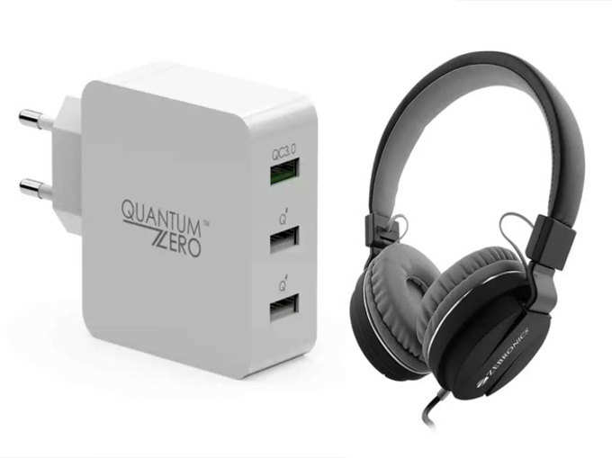 QuantumZero WalMate 3 Ports Wall Charger और Zebronics storm headphones