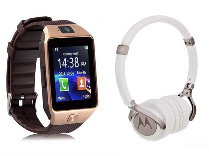 Frittle DZ09 Bluetooth smartwatch और Motorola Pulse 2 wired headphone