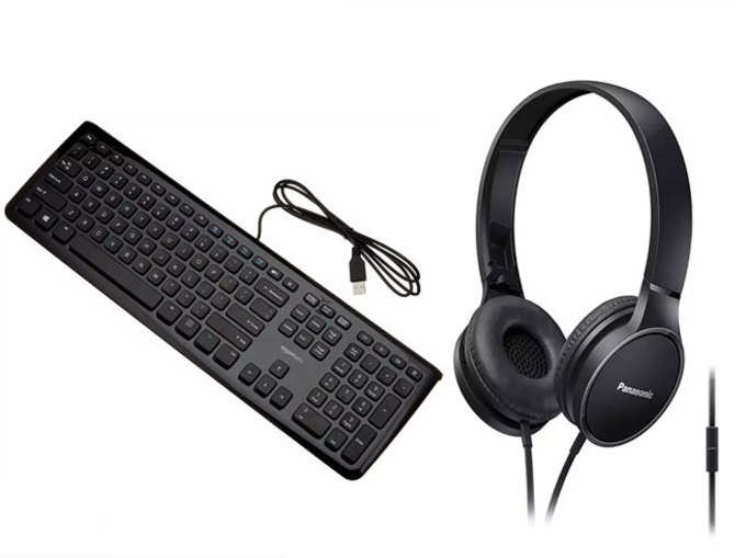AmazonBasics wired keyboard और Panasonic stereo headphones