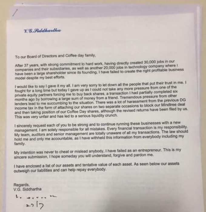 &#39;Fought for a long time, but today I gave up&#39;: CCD founder V G Siddhartha&#39;s last letter to Cafe Coffee Day family