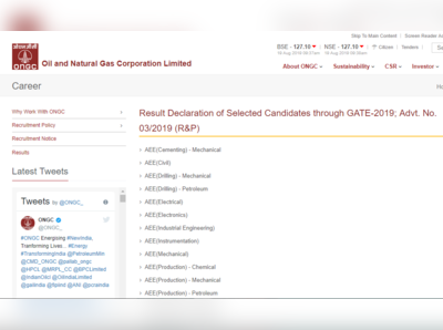 ONGC GATE 2019 Result: गेट के जरिए विभिन्न पदों पर भर्ती का रिजल्ट जारी, यहां देखें