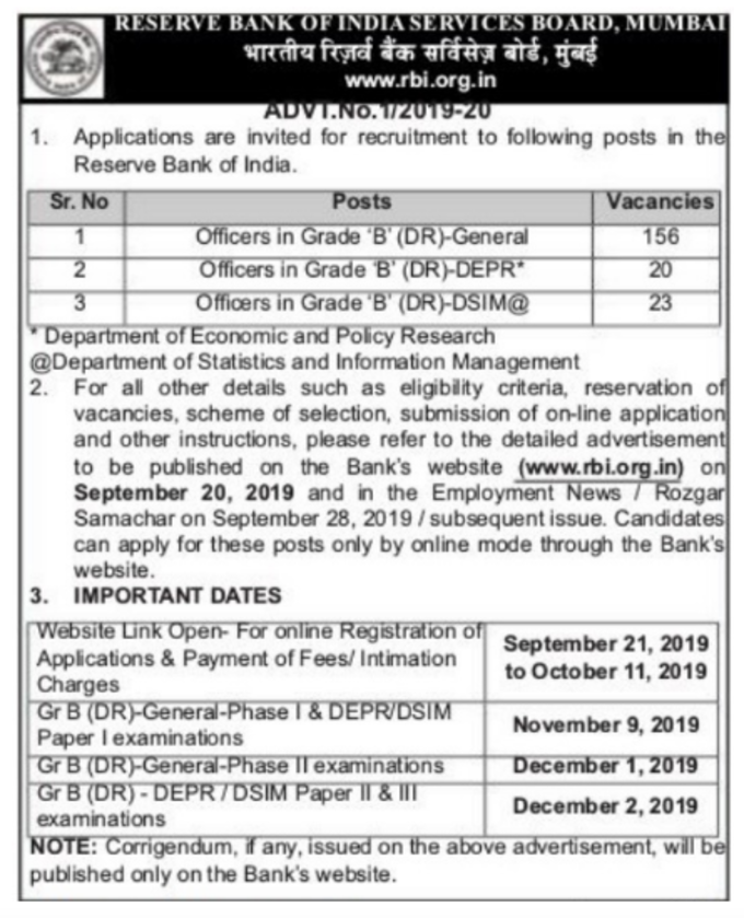 RBI GRADE B Recruitment 2019