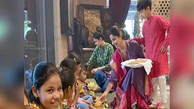 शिल्पा शेट्टी ने घर पर रखा कन्या भोज, तस्वीर में दिखीं पूड़ियां बांटते