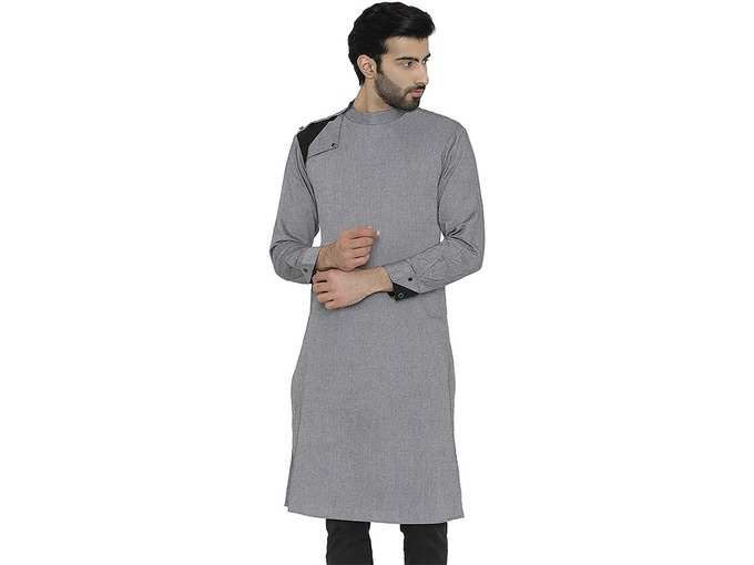 Raas Prêt Men Grey Cotton with Shoulder Detail Straight Kurta