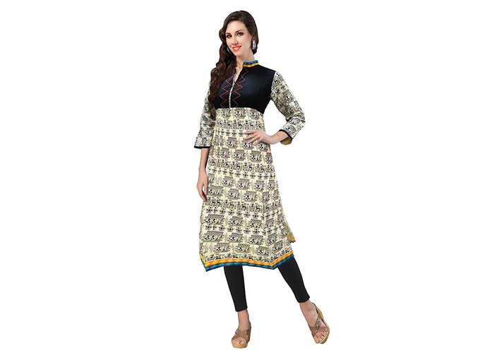 1 Stop Fashion Womens White & Black Cotton Knee Long Straight Kurti