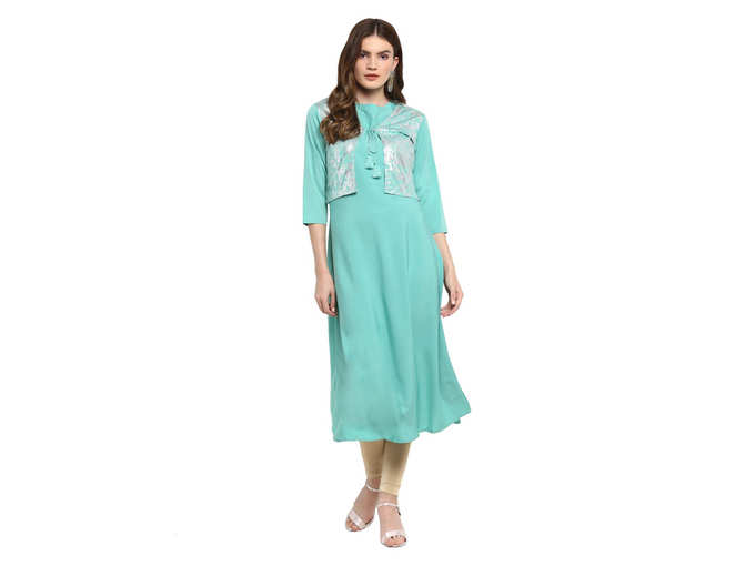 Ziyaa Womens Teal Color Flared Foil Print Kurta