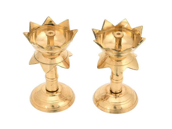 Collectible India Set of 2 Brass Antique Finish Lotus Shape Kamal Diya