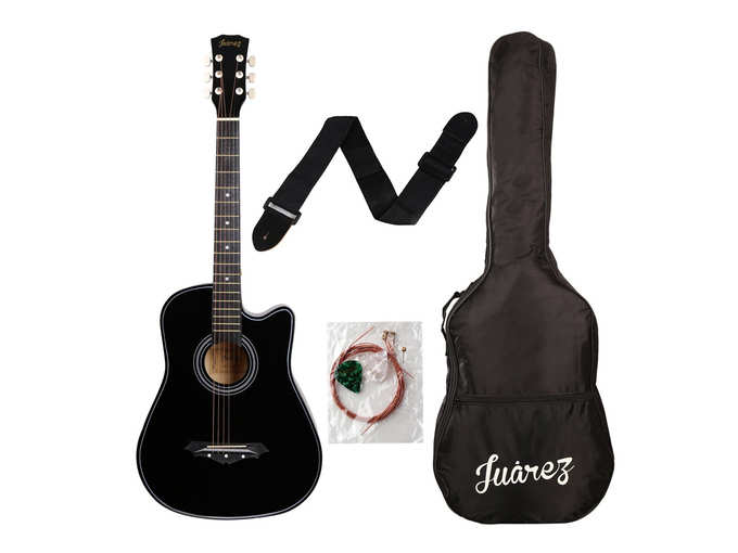 Juarez Acoustic Guitar, 38 Inch Cutaway, 038C With Bag, Strings, Pick And Strap, Black