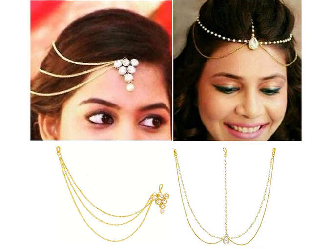 Its Yellow Gold Color Triangle Head Chain and Pearl Maang Tikka for Girls