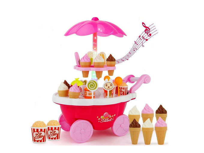 TEC TAVAKKAL® 39 Pcs Ice Cream Kitchen Play Cart Kitchen Set Toy with Lights and Music