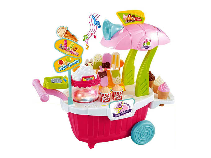 Toyshine Ice Cream Kitchen Play Cart Kitchen Set Toy with Lights and Music, Pink