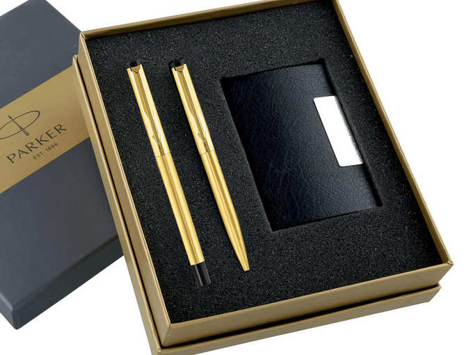 Parker Vector Gold Trim Roller Ball Pen and Ball Pen Luxury Gift Set, Blue Ink
