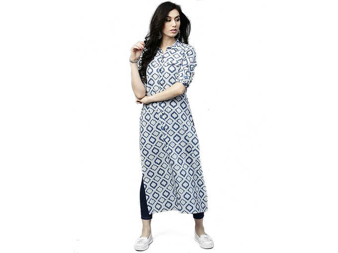 AnjuShree Choice Women Stitched Straight White Blue Printed Cotton Kurti