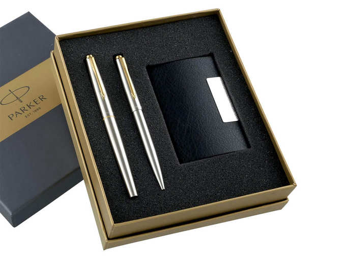 Parker Galaxy Gold Trim Ball Pen with Free Card Holder (Stainless Steel)