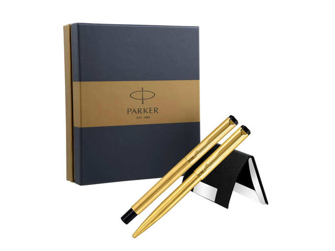 Parker Vector Gold Trim Roller Ball Pen and Ball Pen Luxury Gift Set, Blue Ink