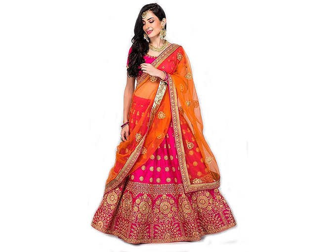 Fast Fashions Womens Pink Heavy Embroidered Taffeta Silk Lehenga Choli