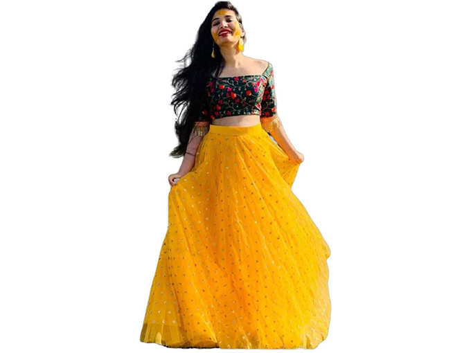 Sojitra Enterprise Women&#39;s Heavy Net Embroidered Semi Stitched yellow colour lehenga choli