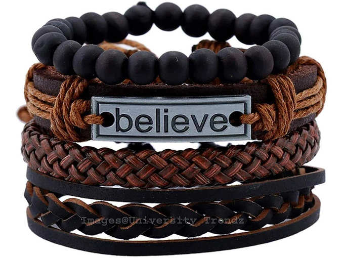 University Trendz Natural Stone Beads Inspirational Believe Words Metal Genuine Leather Bracelet