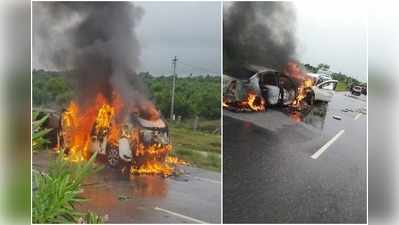 సూర్యాపేటలో ఘోర ప్రమాదం.. హైవేపై దగ్ధమైన రెండు కార్లు