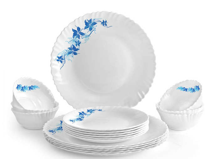 Cello Blue Swirl Opalware Dinner Set, 18-Pieces, White