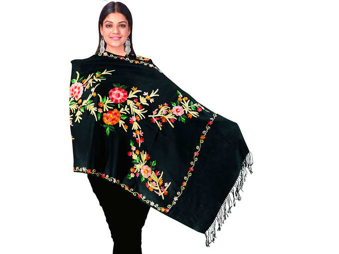 SWI WITH LABEL Kashmiri Shawl for Women, Aari Embroidery, (Size 27 X 80 Inches)