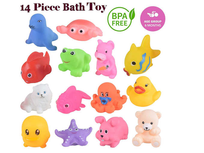 WISHKEY Chu Chu Colorful Animal Shape 14 Pcs Squeeze Bath Toys
