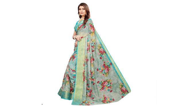 Akhilam-Women&#39;s-Printed-Linen-Saree-with-Unstitched-Blouse-Piece-(Green_BGBLT80001)