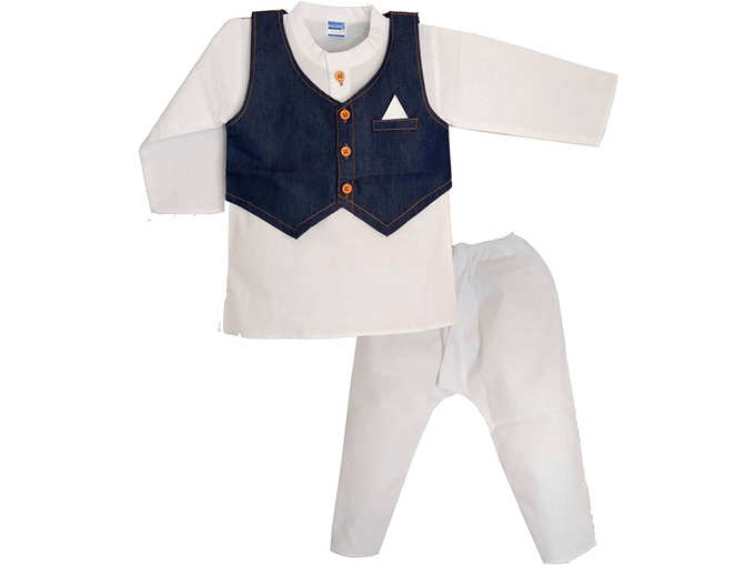 shaishav wears Ethnic Cotton Kurta Pyjama Set for Baby Boys White &amp; Navy Blue (06 Months - 5 Year)