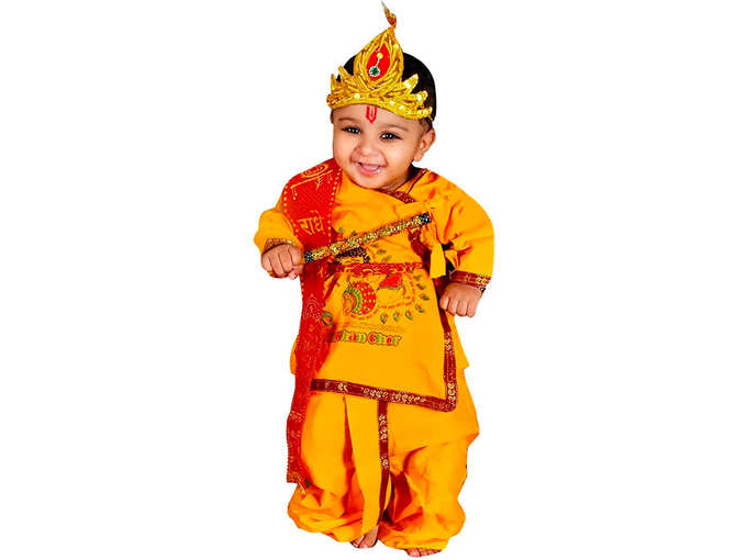 V3E Yellow krishna style kurta & dhoti dress for kids (Pack of 5-kurta,dhoti,bansuri,mukut,patka) - Niranjan