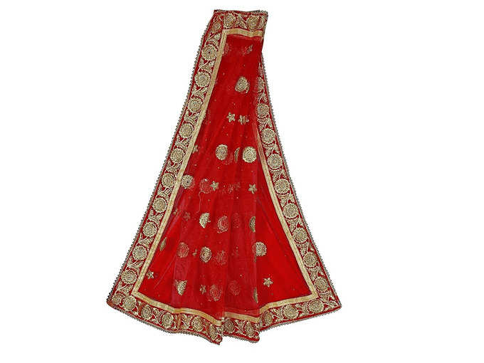 Dream Enterprise Womens Net Dupatta with Embroidery with Hand Work (Red, 2.2 m)