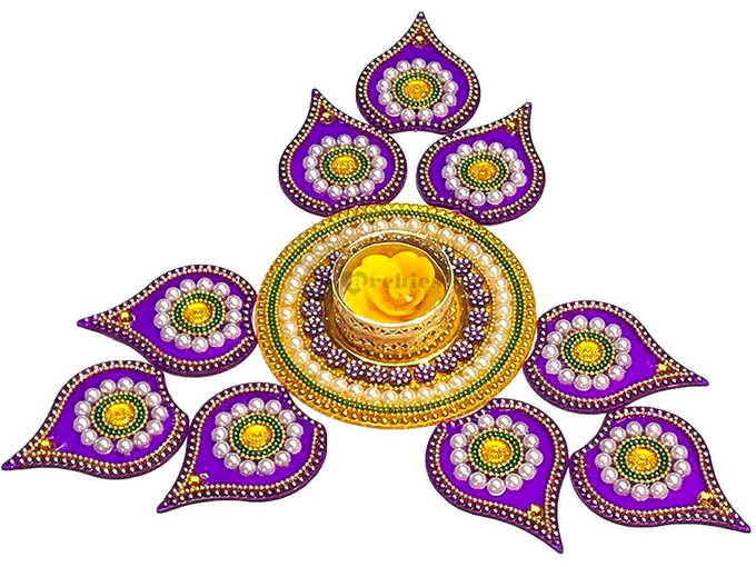 Archies® Latest Trend Floral Acrylic Rangoli with Decorative Multicolored Stones and T Light Holder for Diwali Festival, Grah Pravesh, Home Décor Gift