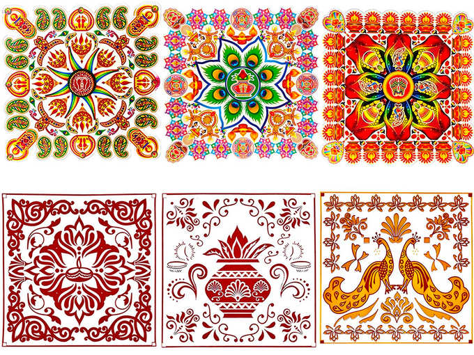 Ascension ® Diwali Decorative Sticker Rangoli Sticker Deepak Floor Sticker Subh labh Kalash swastik Rangoli Pattern Floor Sticker for Navratra Diwali (Set of 6)