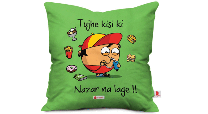 Indigifts-Tujhe-kisi-ki-Nazar-na-Lage-Bhukaad-Bhai!!-Quote-Printed-Green-Cushion-Cover-12x12-with-Filler---Birthday-Gift-for-Friends,-Friendship-Day,-Gifts-for-Brother,-Friends-Gift
