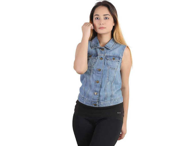 G.S.A ENTERPRISES Denim Solid Light Blue Sleeveless Regular Collar Women Jacket