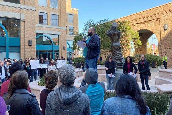 Laurence addressing rally