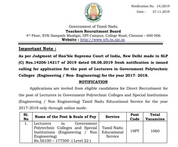 TN Polytechnic Lecturer Notification 2019