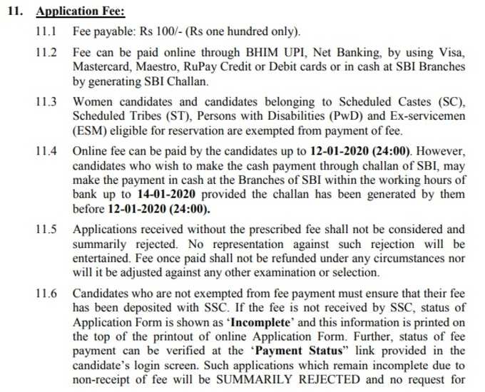 SSC CHSL Application Fee 2019