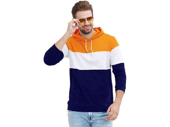 Cotton Hooded Neck Full Sleeve Color Blocked T-Shirt