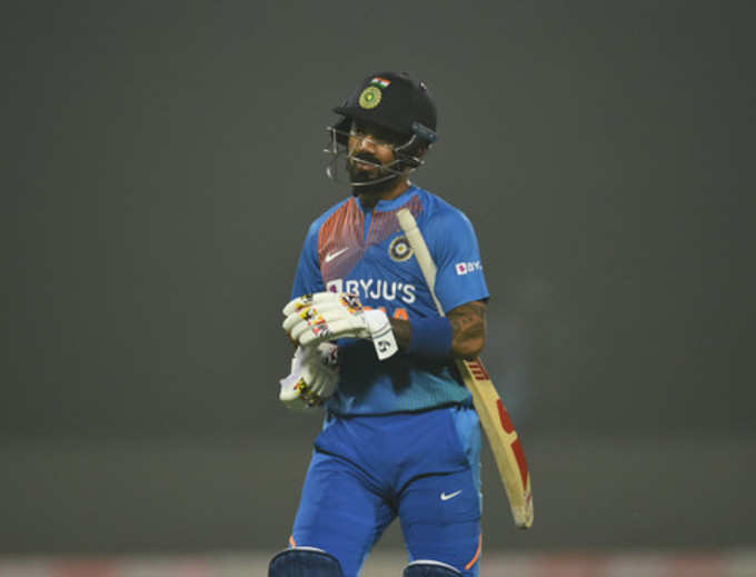 New Delhi: Indian cricketer KL Rahul leaves the field after being dismissed duri...