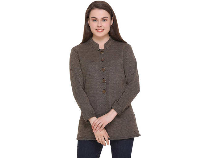 eCools Women Ladies Girls Winter Wear Round Neck Self Design Woolen Coat Sweater