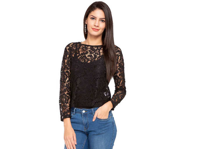 Womens Round Neck Lace Top Black