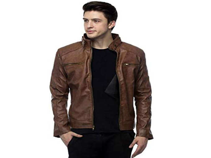 Faux Leather Biker Jacket S Brown