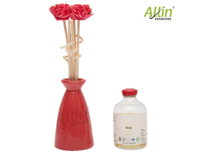 Allin Exporters Scented Reed Diffuser Ceramic Pot Gift Set with 60 ml Rose Aroma Oil for Bedroom