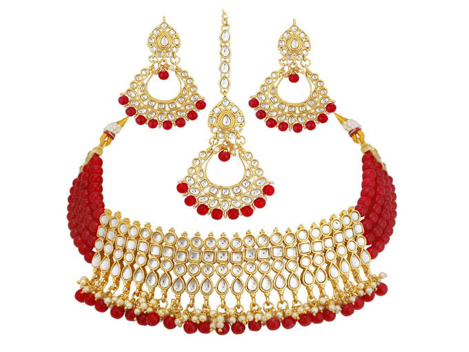 Gold Plated Kundan Pearl Fancy Choker Necklace Set Traditional Jewellery Set with Earrings for Women &amp; Girls